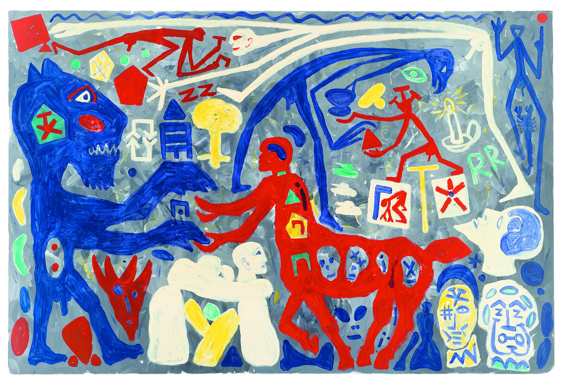 A. R. Penck, Situation ganz ohne Schwarz, 2001, Acryl auf Leinwand, 200 x 300 come, Galeria Fernando Santos, Porto © 2021, ProLitteris, Zurich