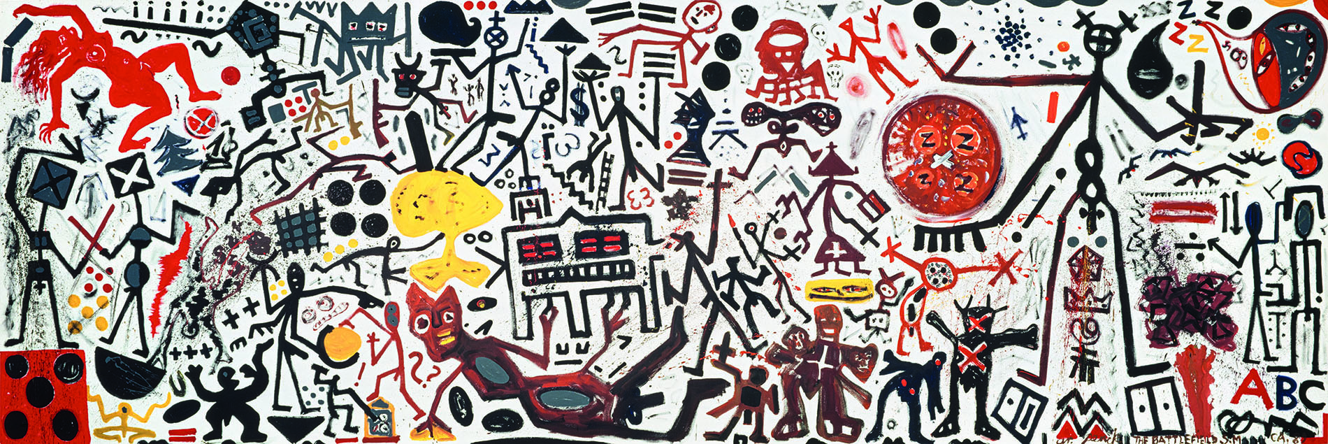 A. R. Penck, The Battlefield, 1989, Acryl auf Leinwand, 340 x 1022 cm, © 2021, ProLitteris, Zurich