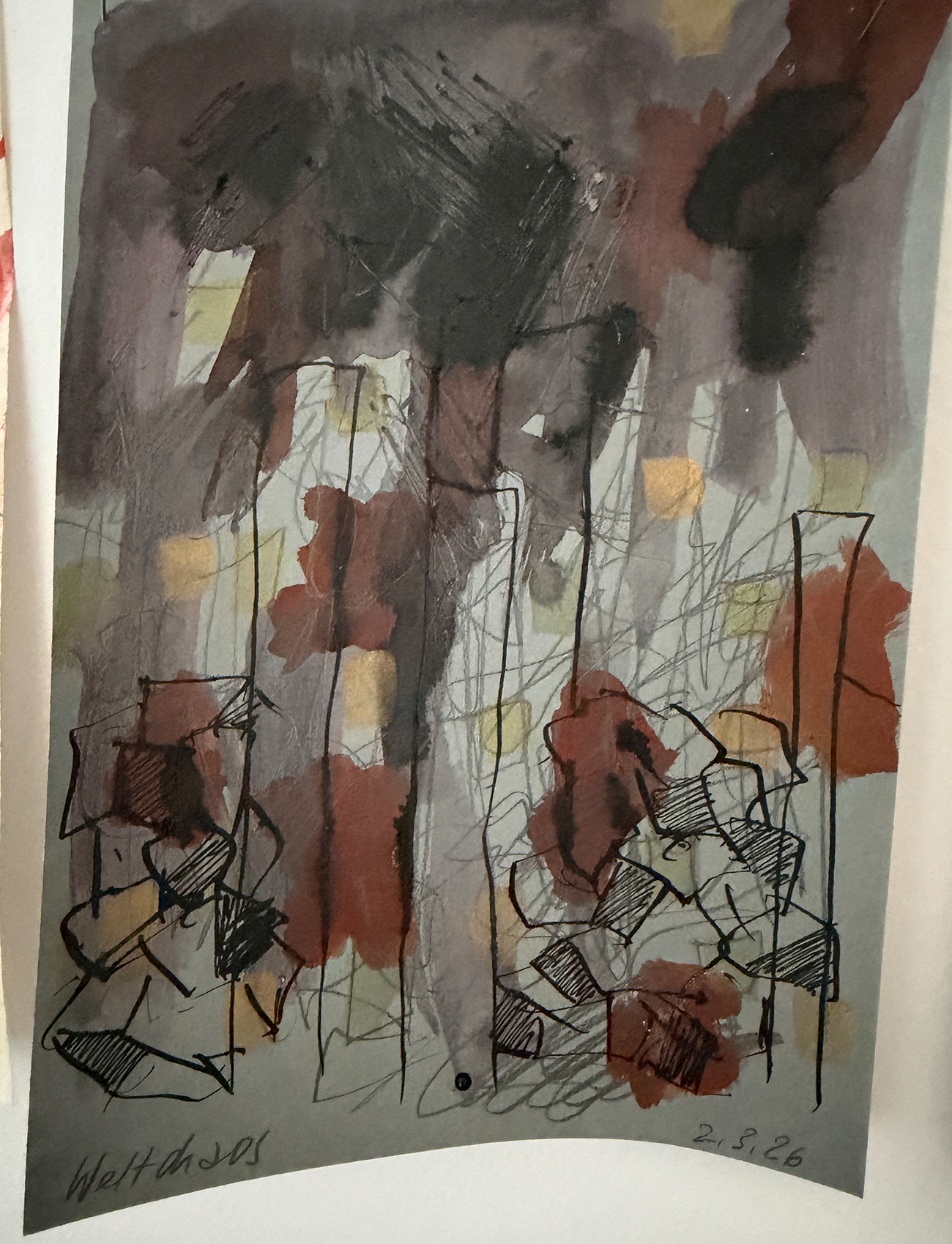 Weltchaos, 2026, Ink and pencil on paper, 14,8 x 21 cm