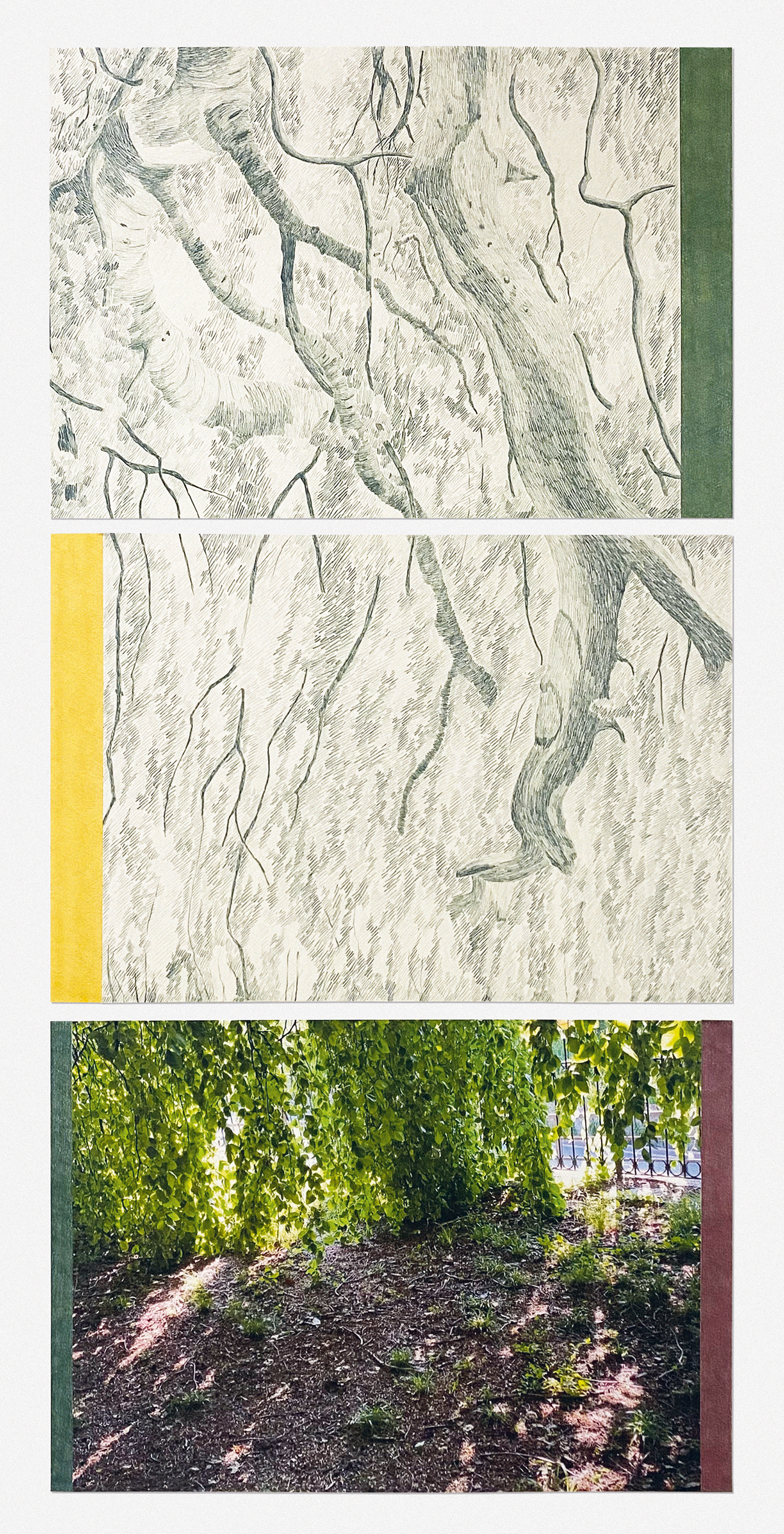 Gabriela Albergaria, Pendula Villa dei Cedri #1, 2023, Stampa a getto d’inchiostro su stoffa, matite colorate su carta, 135 x 65 cm, Courtesy dell’artista e Galeria Vera Cortês.